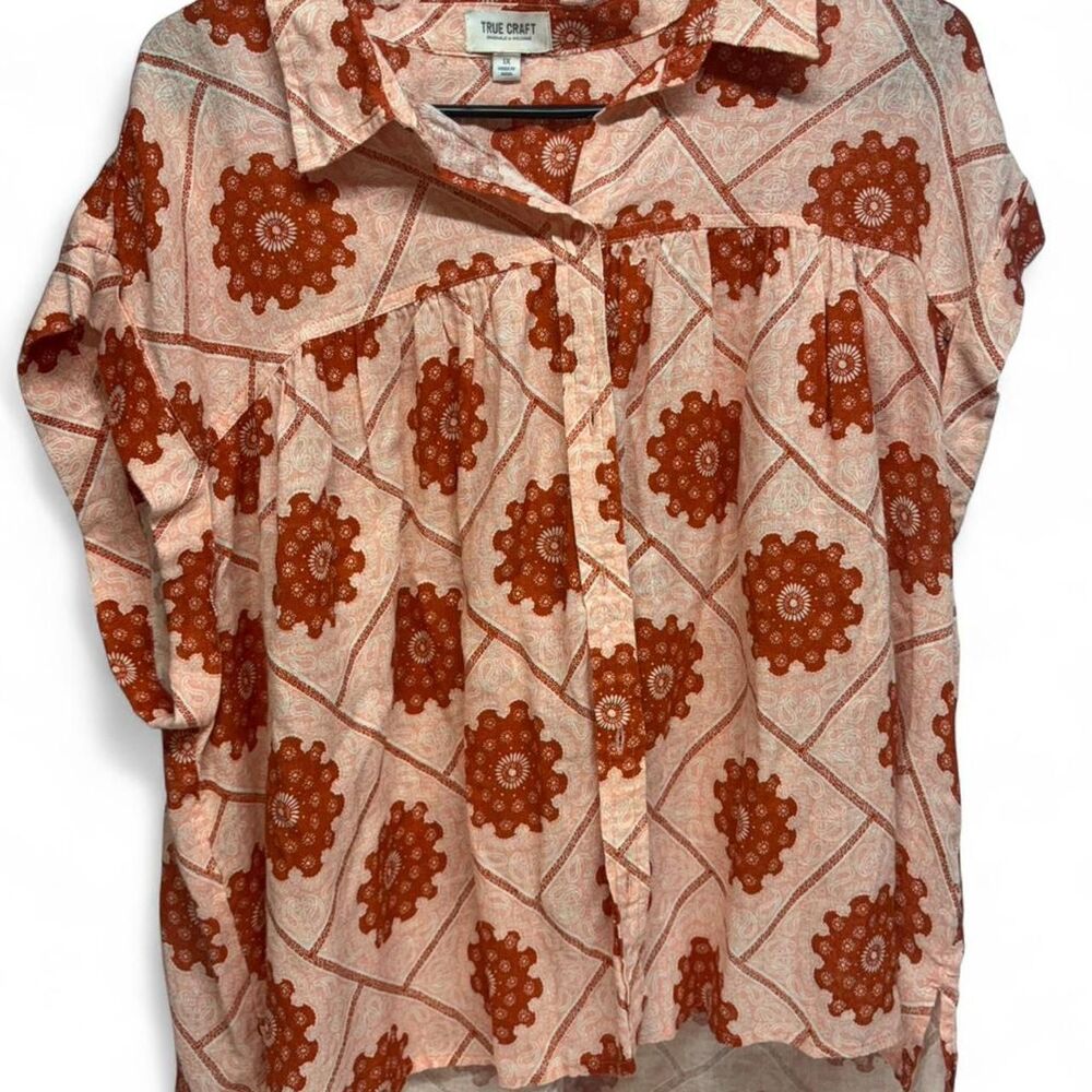 True Craft Women's 1X Top Orange and Pink Boho Paisley India